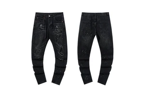Men's Black Jeans Washed Ripped Slim Fit Stretch Denim Pants Vintage Distressed Street Style Designer Trousers