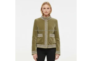 Custom Roll Neck Lace Contrasting Cropped Velvet Jacket For Women