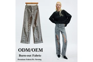 OEM Y2K Ripped Hollow Mid-rise Embossed Semi Transparent Denim Trousers Street Trend Women Straight Leg Jeans
