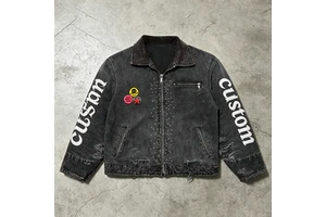 Custom Wholesale Mens Washed Denim Streetwear Jacket Vintage Distressed Punk Rhinestone Canvas Work Trucker Jacket