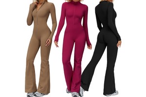ELT9527 Women's Sports Jumpsuit Warm Long Sleeve Yoga Bodysuit Onesie One Piece Workout Stretchy Jumpsuits with Flared Pants