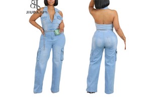 Blue Denim Fashion Straight Pants One Piece Jumpsuits Women Washed Jean Halter Pocket Playsuits Female Cowboy Overalls
