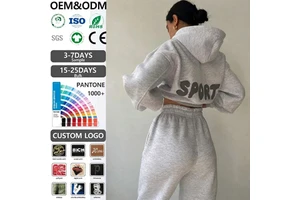 2026 Women's Puff Printed Tracksuit Set Heavyweight 450GSM Winter Streetwear Custom Logo 2 Piece Sweatsuit Set