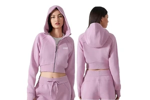 Hooded Tracksuit Women Zip Up Cropped Jacket Elastic Waist Bottoms Soft Fabric Outdoor Workout Outfit Sports Gym Wear Hoodie