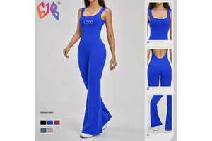 Womens Backless Yoga Jumpsuit Flare Leg High Waist Slim Fit Gym Workout Activewear