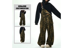 Wholesale Custom Casual Pants Leopard Denim Jeans with Pocket Baggy Cargo Jumpsuit Overalls Suspender for Summer Womens Denim