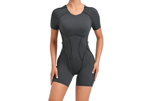 Women's Sports Fitness Jumpsuit High Elasticity One Piece with Open Back Short Sleeve Bodysuit