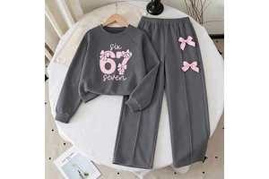 Ins Style Tween Girls Grey Fashion Digit Print Round Neck Long Sleeve Top & Wide Leg Pants Set With Bow Decor For School Wear