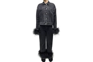 Trendy Fluffy Ostrich Fur Cuffs Ladies Suit Women Casual Spring Denim Suit With Feathers