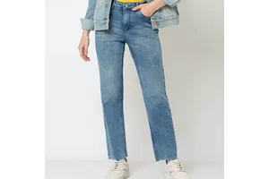 Mid Waist Flare Leg Blue Denim Jeans Women's Casual Full Length Distressed Cotton Pants Regular Fit Button Fly Summer Flat