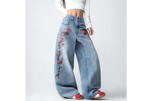 Custom Women's Y2K Retro Street Casual Loose High Quality Flower Embroidered Multi Pockets Jeans