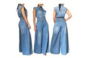 Fashionable Women's Summer Loose Fit High Button Front Solid Color Washed Denim Jumpsuit Standing Collar Cross Border Sourcing