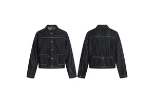 11KN American Retro Denim Jacket for Men Women Original Blue Washed Design Short Wide Lapel Long Sleeve Top Coat Nylon/Cotton
