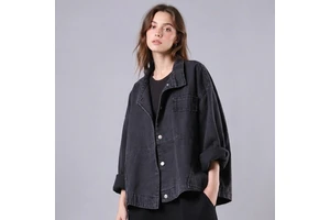 OEM ODM Loose Regular Denim Jacket Fashion Dark Black Wash Cotton Denim Customizable Women Jacket