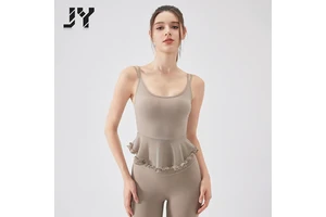 JY Double Strap Ruffle Hem Yoga Tank Top Mesh Panel Fashionable Workout Top Breathable Elegant Gym Top for Yoga Pilates Fitness