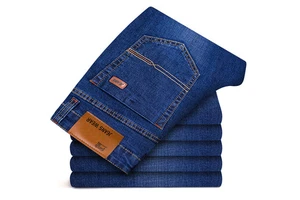 2024 New Men's Straight Leg Business Casual Knitted Jeans Comfort Fit Denim Versatile Office Wear Classic Dark Blue Autumn