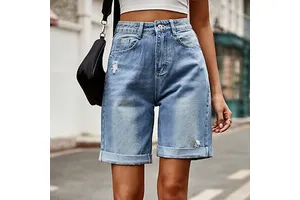 Women's High Waist Gym Roll Cuff Rhinestones Denim Shorts Straight Y2K Women Denim Shorts Hip Hop 100% Cotton Summer Jean Shorts