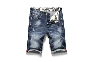 Men Denim Fashion Ripped Distressed Jean Shorts Streetwear Casual Summer Blue Slim Fit Knee Length 100% Cotton 2025 Hot Selling