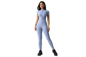 Women Short Sleeve Half Zip Buttery Soft Sculpting Yoga Jumpsuit Fitness Bodysuit Four-Way Stretch Breathable Spandex/Nylon