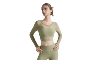 Women's Breathable Mesh Quick Dry Lightweight Yoga Top Crop Long Sleeve Solid Plus Size Fitness Tops
