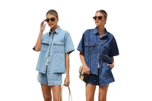 Summer Women's Casual Loose Pocket Short Sleeved Button Shirt Denim Suit Casual Fashion Retro Two-piece Denim Suit