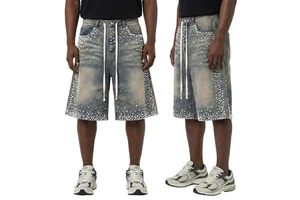OEM Men's High Quality 100%Cotton Rhinestone Pearls Knee Long Jorts Baggy Summer Casual Bermuda Jeans Shorts for Men