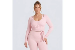 Custom Plus Size Yoga Clothing Top Soft Rayon Ballet Wrap V Neck for Women Fitness Activewear Gym Long Sleeve Workout Crop Top