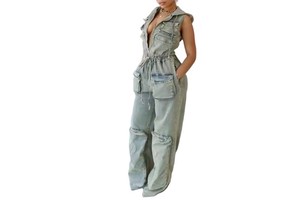 2025 Women's Jeans Stretch High Waist Pocket Denim Hooded Rompers Casual Denim Cargo Jeans Jumpsuits Women