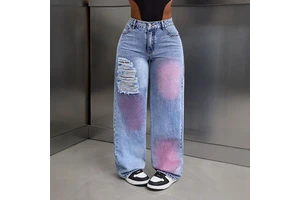 Custom Dirty Stained Graffiti High quality Baggy Straight Ripped High waist women's jeans