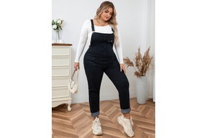 Women's Denim Bib Overalls Jumpsuit Straight Jean Style Pockets Machine Washable Casual Autumn Fall Outfit Sizes 0XL-4XL Black