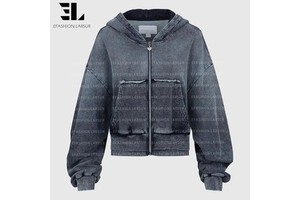 LARSUR Custom Factory Distressed Wash Cropped Denim Fight Bomber Jacket Hooded Biker Racing Motorcycle Twill Jean Jacket Women