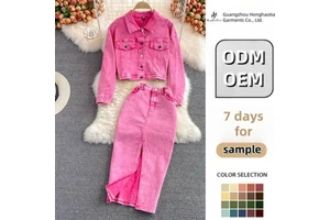 Custom Pink Denim Jacket Women's High Waist Hip Skirt Two-piece Suit Spring Autumn Denim Set Ladies Top and Skirt Set
