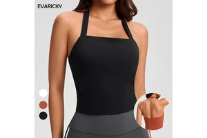 EVARICKY Women's High Elastic Halter Neck Breathable Workout Tank Top Backless Square Neck Design Gym Sports Wear Yoga Tank Top