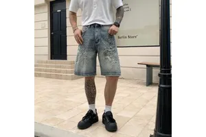 Manufacturer Wholesale Rhinestone Denim Shorts Men High Street Distressed Jorts Retro Washed Ripped Wide Leg Jean Shorts