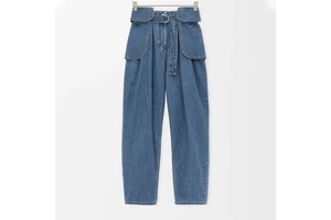 Custom Women Mid Waist Straight Jeans Belt Vintage Blue Denim Pleated Balloon Pants Regular Fit Casual Summer Simple Washed