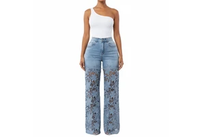 Custom OEM Women's Lace Denim Jeans Breathable High Waist Y2K Casual Streetwear Fashionable Distressed Wide Leg Bulk Wholesale