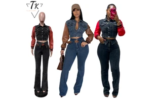 Think Women's Summer/Spring Y2K Denim Jacket Long Jeans Set Stretch Pu Leather Denim Patchwork Washed Crop Jacket Two Piece