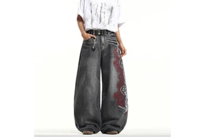 Wholesale Vintage American Loose Printed Wide Leg Jeans Trendy Street Dance Hip-hop Denim Jeans Light Wash Summer Breathable