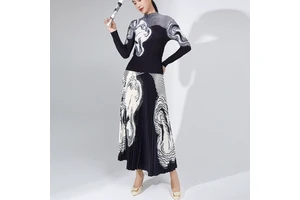 Plus Size Casual Ankle Two-piece Women's Suit Set Woven Pleated Skirt Long-sleeved Turtleneck One Set Breathable 100% Polyester