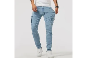 Men Jeans Solid Color Spring Autumn Multi Pockets Denim Cargo Pants Casual Mid Waist Trousers Slim Fit Male Daily Wear