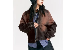 LARSUR Custom Factory Distress Vintage Wash Denim Jacket Zipper Motorcycle Biker Jeans Jacket and Coat for Women