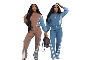 Hot Sale Women's Faux Denim 2 Piece Set Sexy Patchwork Striped Tracksuit Long Sleeve Sweatshirt and Jogger Pants Suit Plus Size