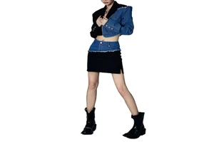 Custom Causal Denim Patch Suit Sets for Women's 2 Piece Outfits Lapel Collar Crop Blazer a Line Pencil Skirt Suit