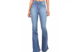 High Waisted Flare Jeans Full Length Solid Blue Cotton Denim Casual Vintage Style Women's Pants Stonewashed Woven Fit