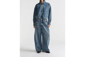 Vintage Washed Blue Denim 2-Piece Outfit Button Print Zip Collar Oversized Shirt High-Waist Baggy Wide-Leg Jeans Women Matching