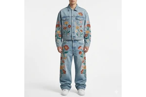 Men's Denim Jeans Jacket Set Streetwear Vintage Winter Two-Piece Outfit Heavyweight Mid Floral Pattern Baggy Wide Stonewashed