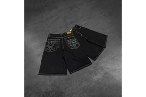 Custom Embroidery Logo Patchwork Pocket Custom Label Denim Straight Wide Leg Denim Shorts Baggy Fit Denim Jorts Men