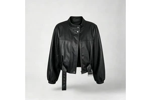 Women's Solid Oversized Belted Stand Collar PU Leather Coated Motorcycle Jacket Pockets Single Button Closure Autumn Short Coat