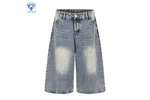 YUANBOFEI High Quality Men's Denim Shorts Vintage Washed Rhinestone Hot Drill Wide Leg Knee Length Loose Street Capri Trousers