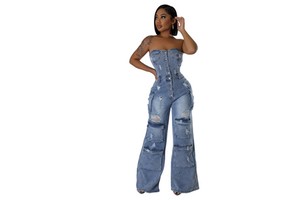 6028 Cross-Border for New European American Vintage Casual Fashion Strapless Women's Regular Fit Denim Jumpsuit Cargo Pants